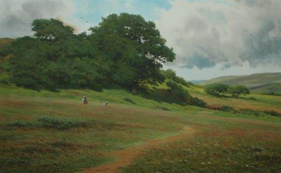 Joseph Knight, watercolour and bodycolour, figures in a landscape